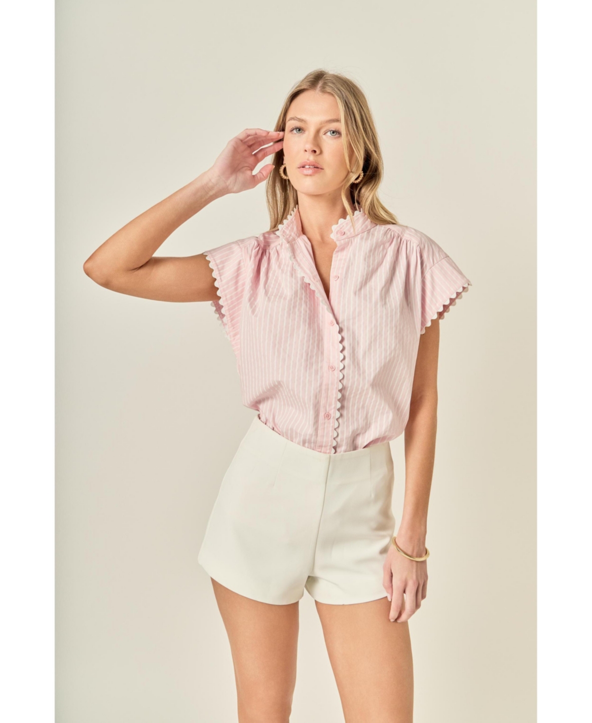 English Factory Women's Striped Ric Rac Detailed Short Sleeve Shirt