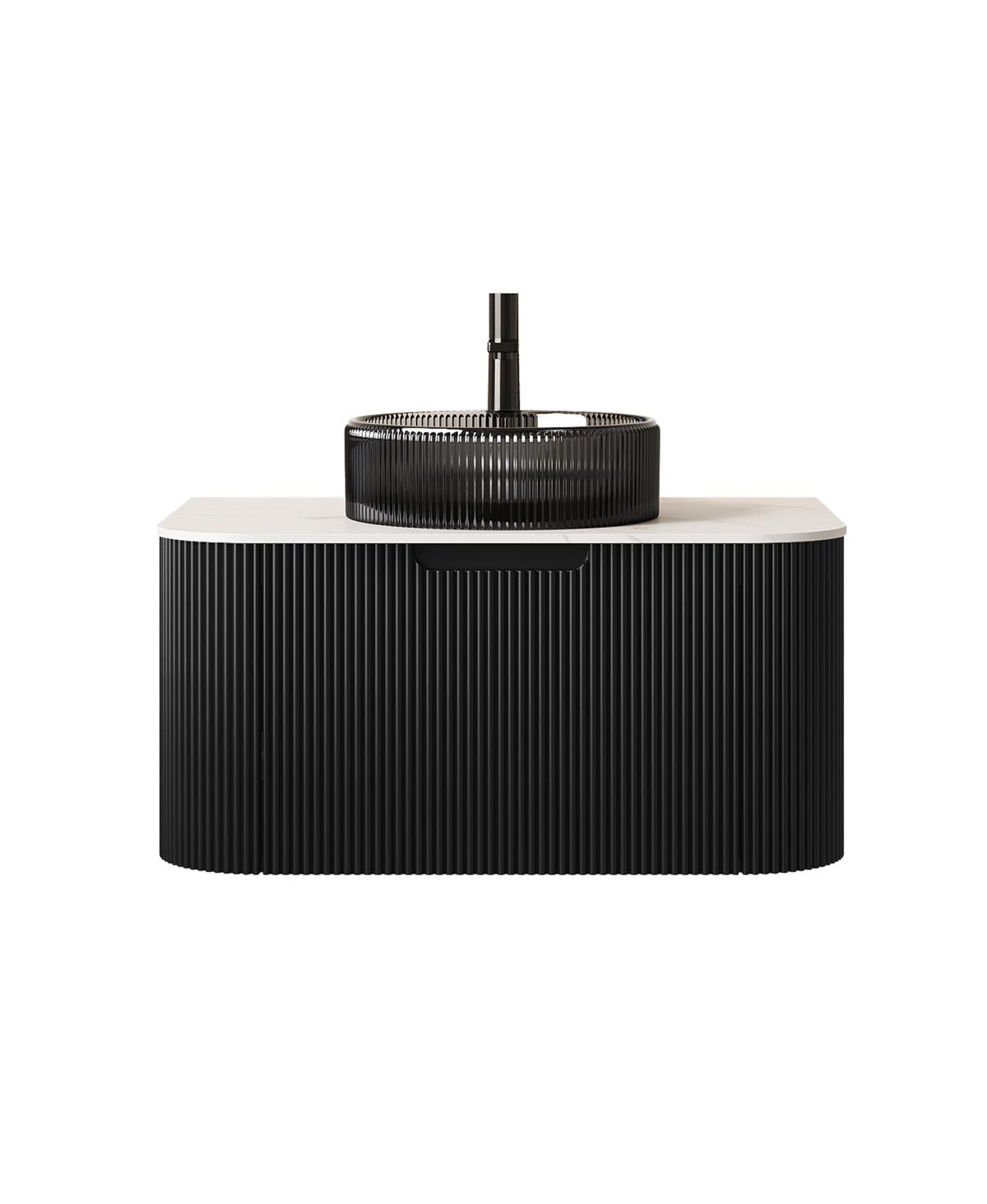 Sillysis Wall Mounted Bathroom Vanity with Glass Vessel Sink, 3D Stripe Plywood Cabinet, Soft Close Drawer