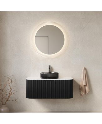 Wall Mounted Bathroom Vanity with Glass Vessel Sink, 3D Stripe Plywood Cabinet, Soft Close Drawer, Pre-assembled
