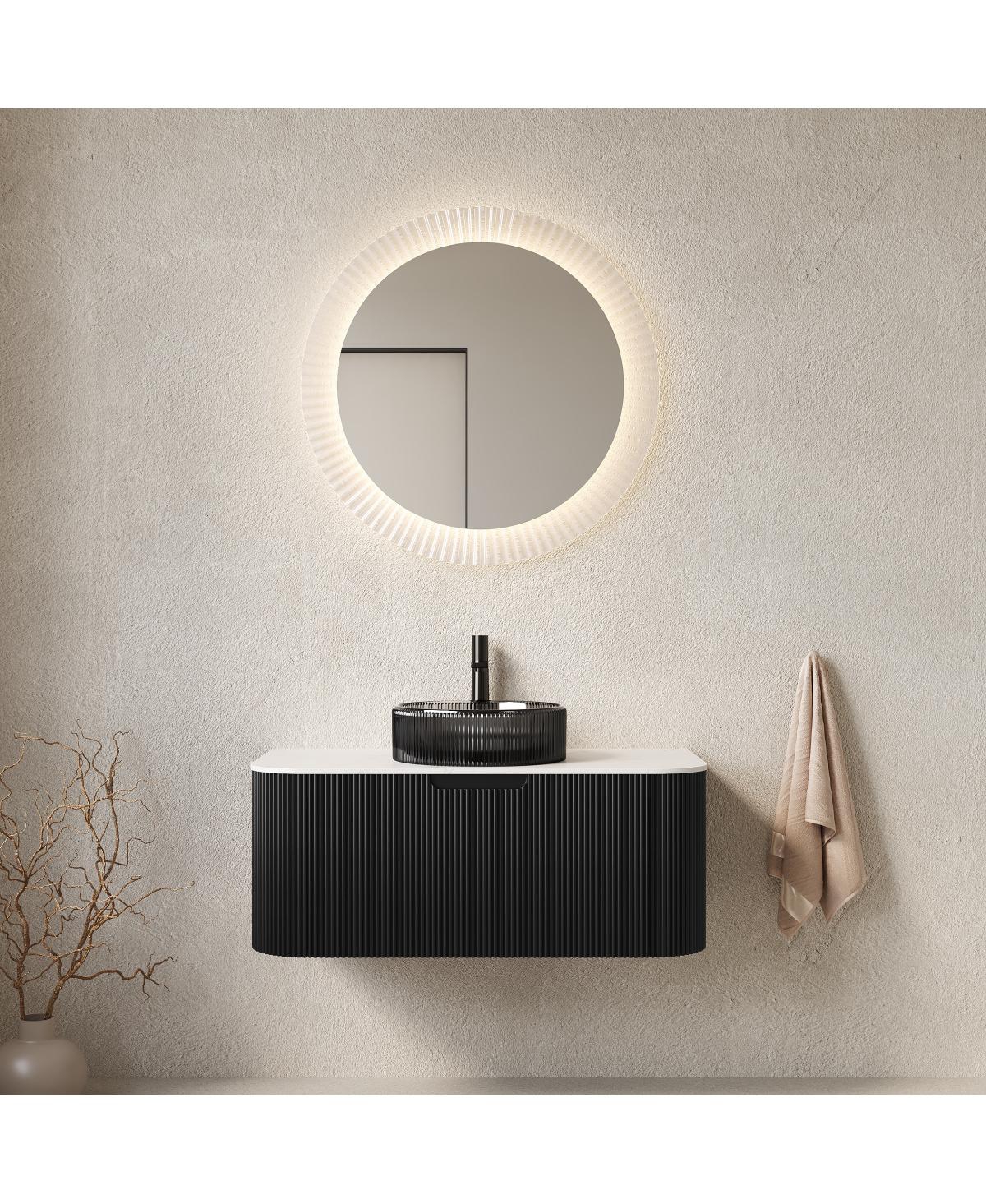 Sillysis Wall Mounted Bathroom Vanity with Glass Vessel Sink, 3D Stripe Plywood Cabinet, Soft Close Drawer
