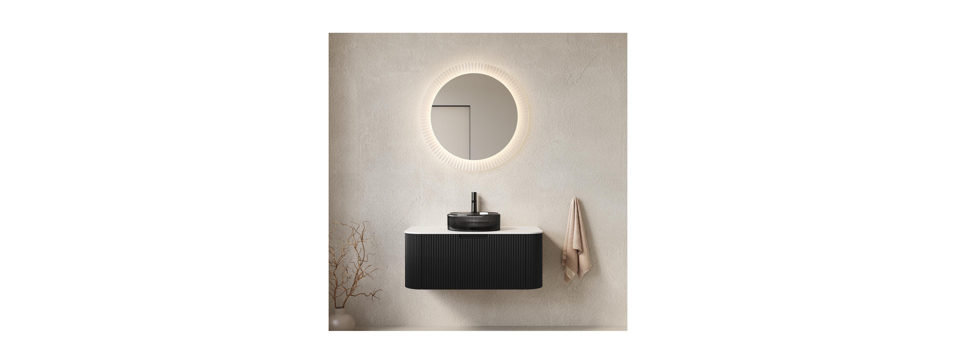 Sillysis Wall Mounted Bathroom Vanity with Glass Vessel Sink, 3D Stripe Plywood Cabinet, Soft Close Drawer
