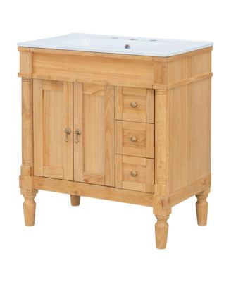 30 Inch Modern Bathroom Vanity Set Solid Wood Frame MDF 2 Doors 3 Drawers Soft Close U Shape Shelf Ceramic Sink