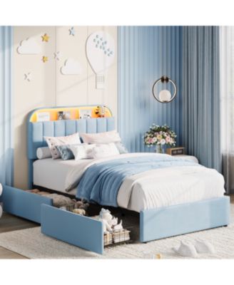 Bed Frame with Storage Headboard and 2 Drawers, Velvet Upholstered Platform Bed Frame with Lights, No Box Spring Needed, Easy Assembly