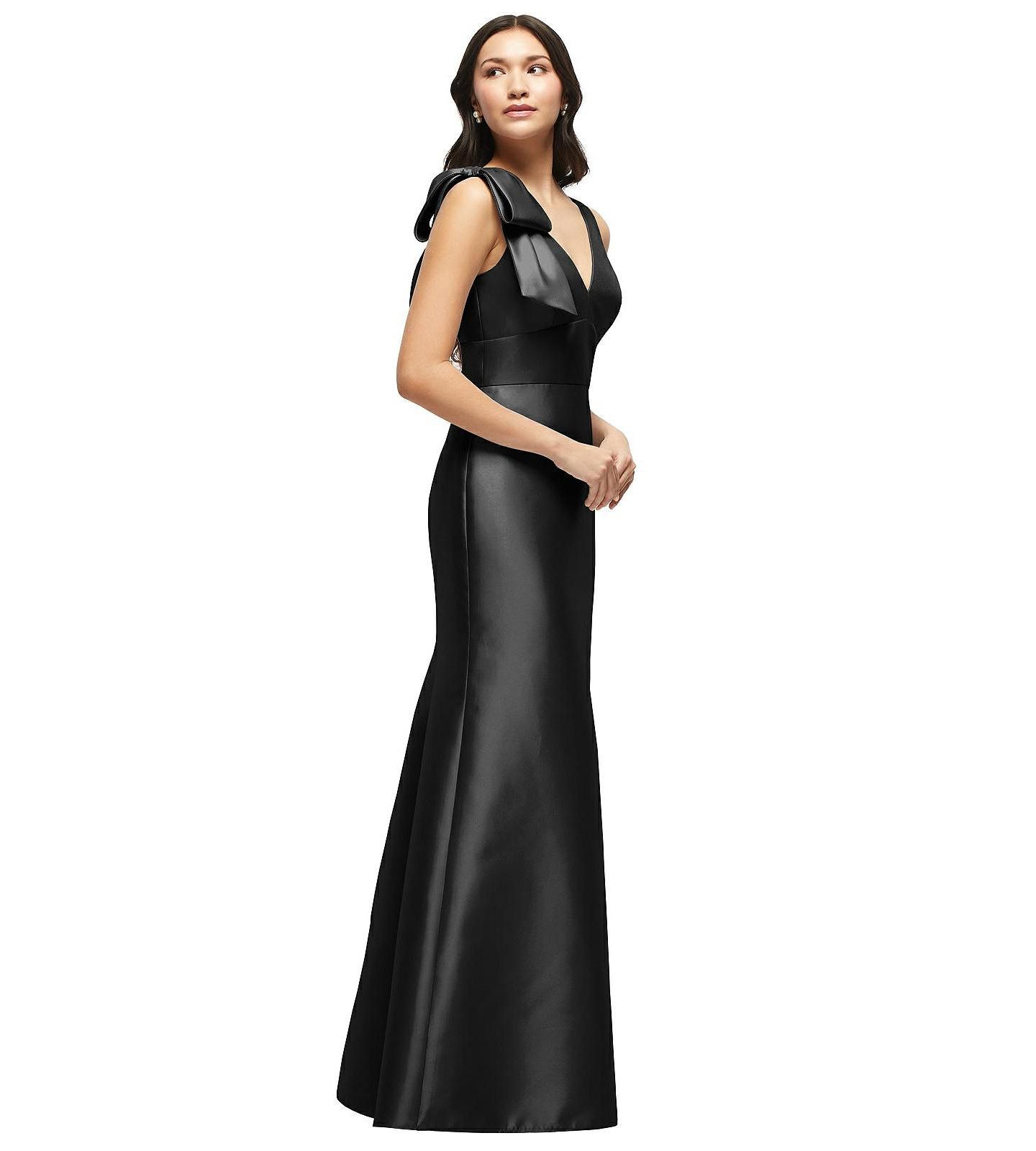 Женское платье Alfred Sung Deep V-back Satin Trumpet Dress with Cascading Bow at One Shoulder, цвет: Чёрный — фото 3
