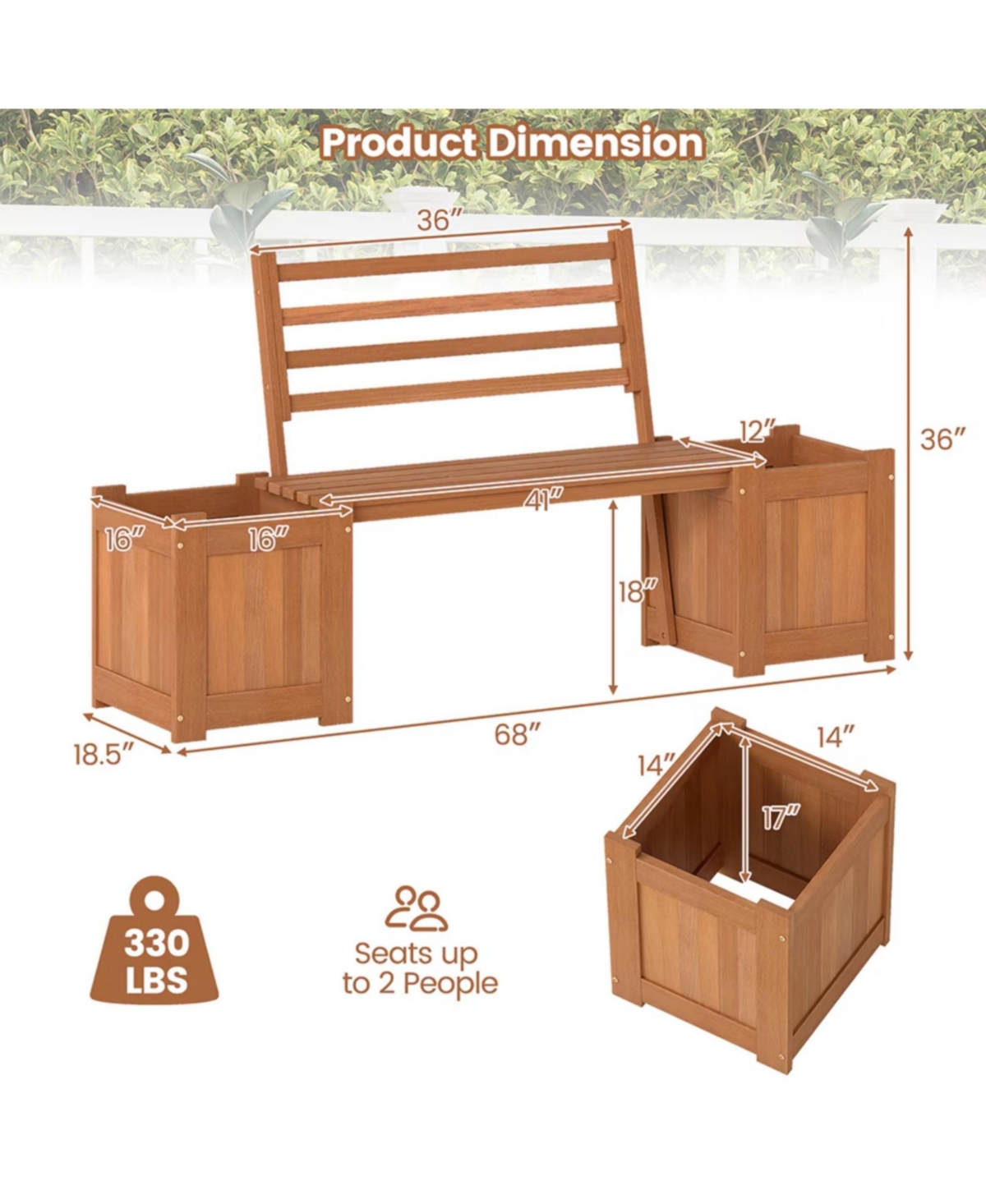 Yiortwo Outdoor Wooden Planter Bench with 2 Planter Boxes and Slatted Backrest