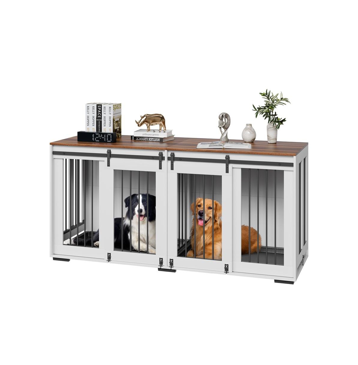 Ruie 72 Inch Dog Crate Furniture for 2 Dogs with Double Sliding Doors and Tv Stand - Brown
