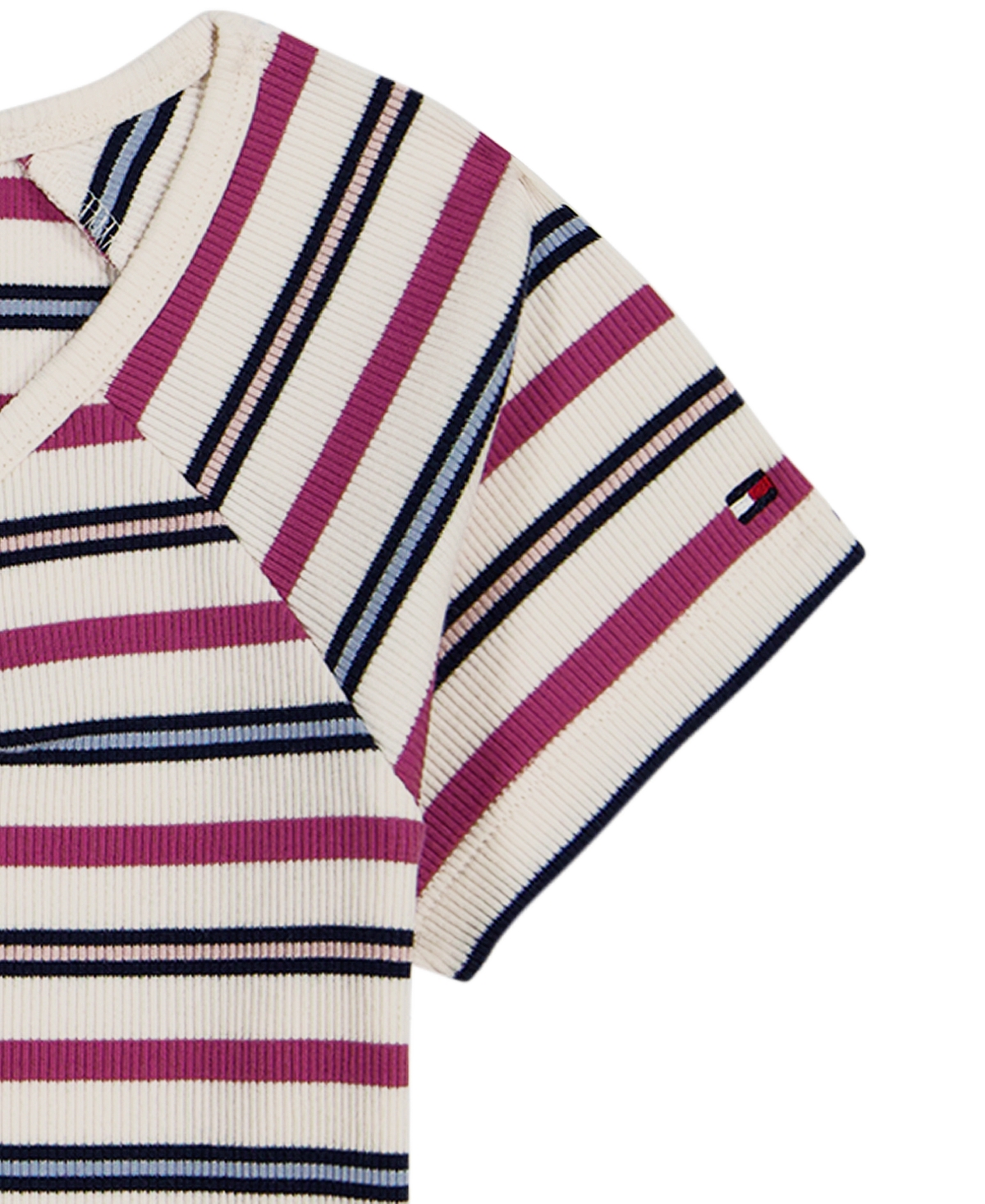 Tommy Hilfiger Girls' 7-16 Striped Ribbed V-Neck Short-Sleeve Top