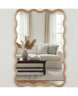 Wavy Rectangle Wall Mirror Natural Solid Wood Frame Decorative Mirror Modern Aesthetic Vanity Mirror for Bedroom Bathroom Living Room Entryway