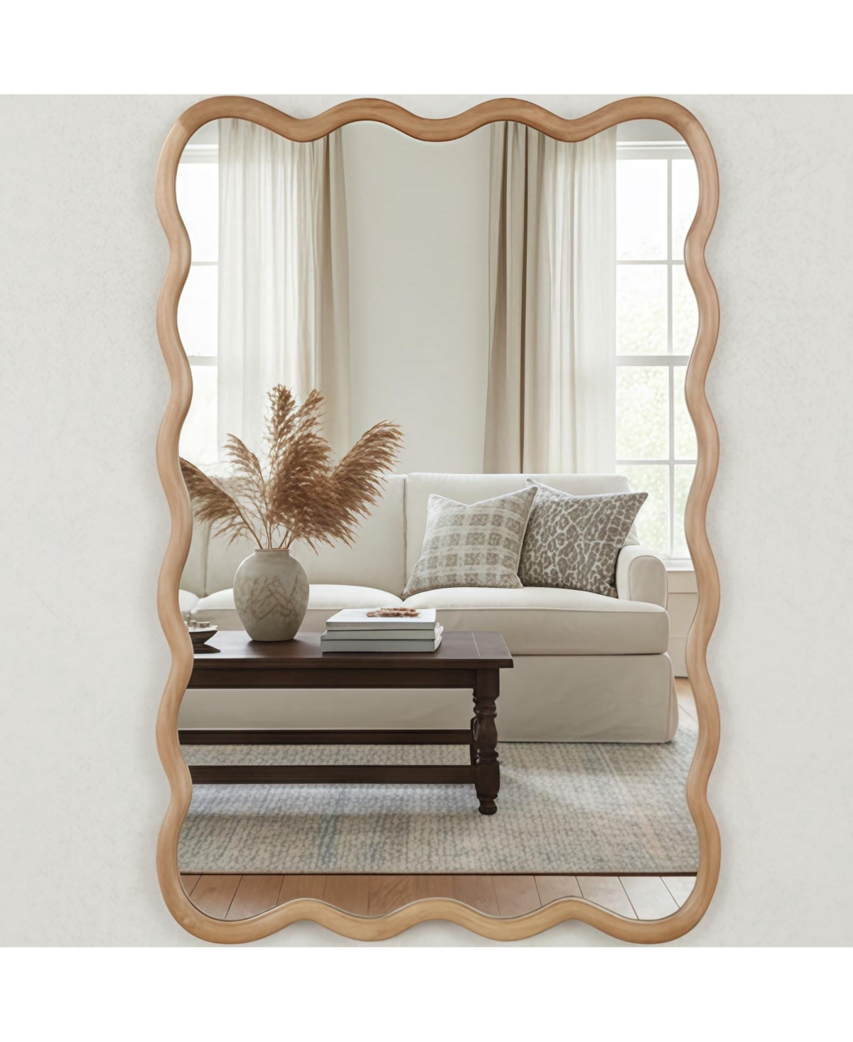 Phying Wavy Rectangle Wall Mirror Natural Solid Wood Frame Decorative Mirror Modern Aesthetic Vanity Mirror for Bedroom Bathroom Living Room Entryway