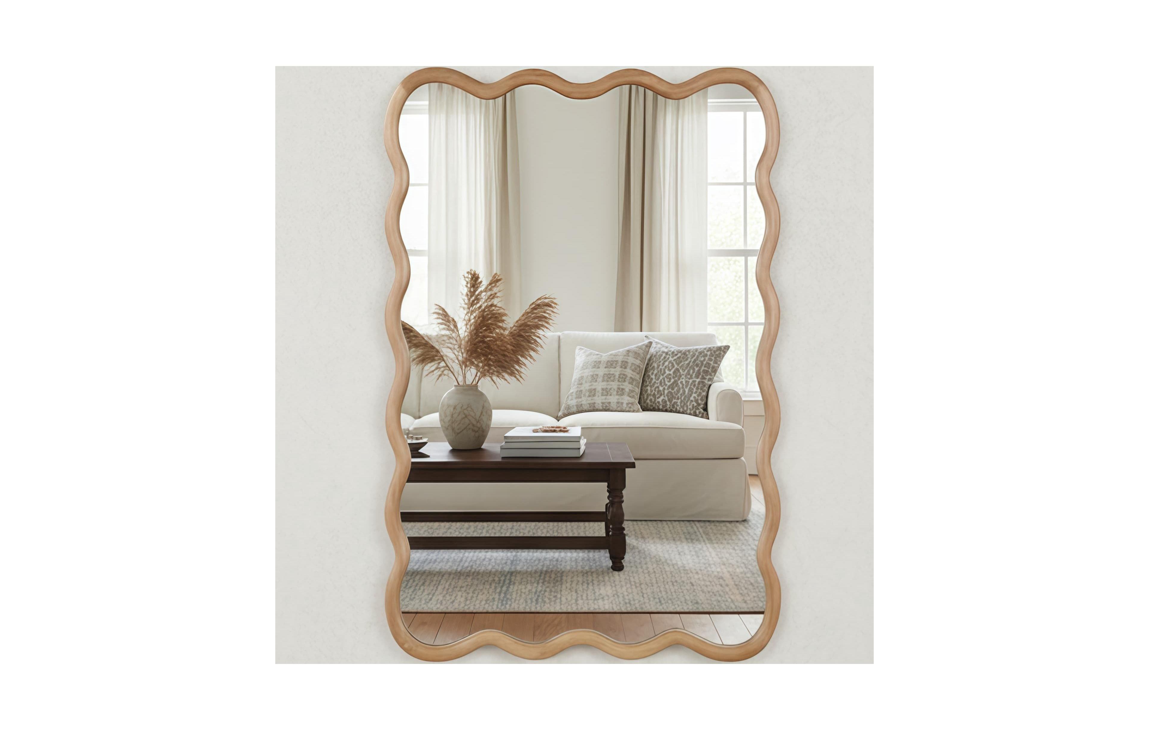 Phying Wavy Rectangle Wall Mirror Natural Solid Wood Frame Decorative Mirror Modern Aesthetic Vanity Mirror for Bedroom Bathroom Living Room Entryway