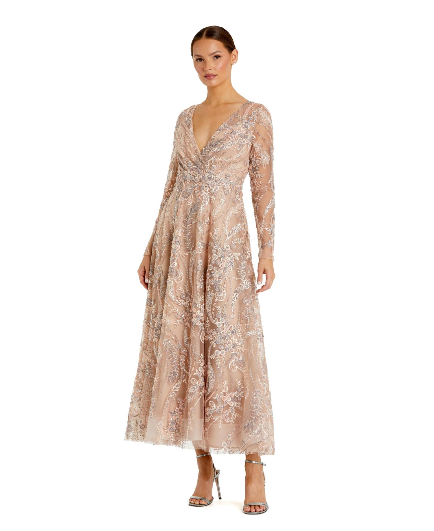 Women's Floral Embroidered V-Neck Long Sleeve Midi Dress
