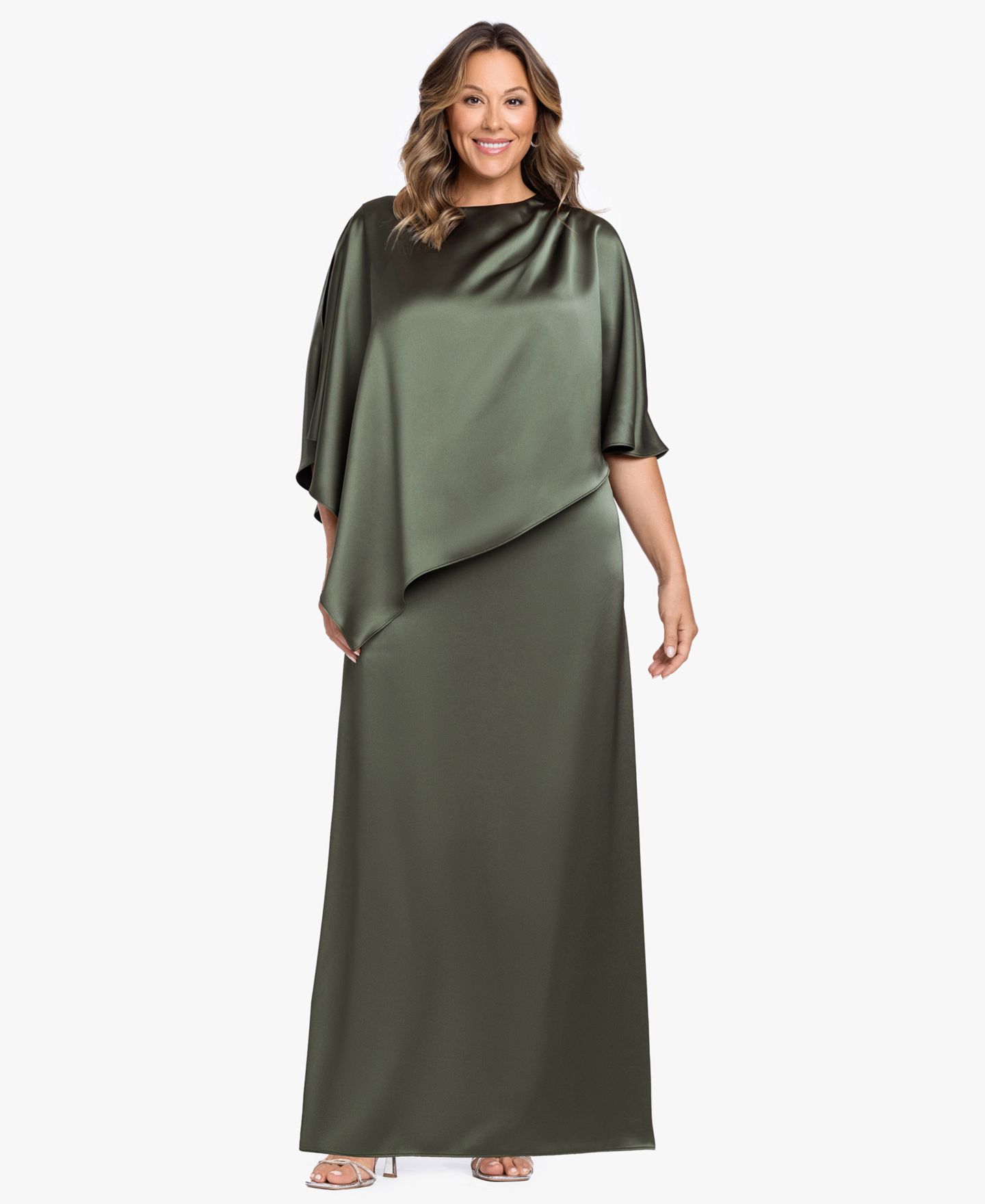 Женские платья XSCAPE Plus Size Crewneck Satin Overlay Ball Gown, цвет: Оливковый — фото 2