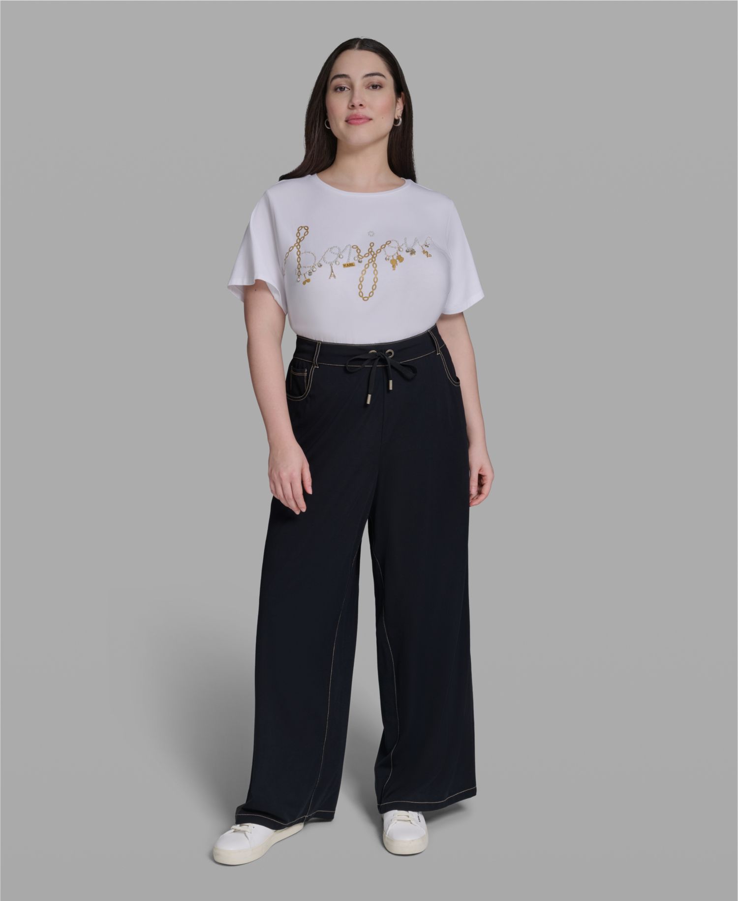 Plus Size High-Waist Knit Flared Drawstring Pants