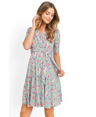 Materntiy Floral V-Neck Nursing Wrap Dress with Tie Waist
