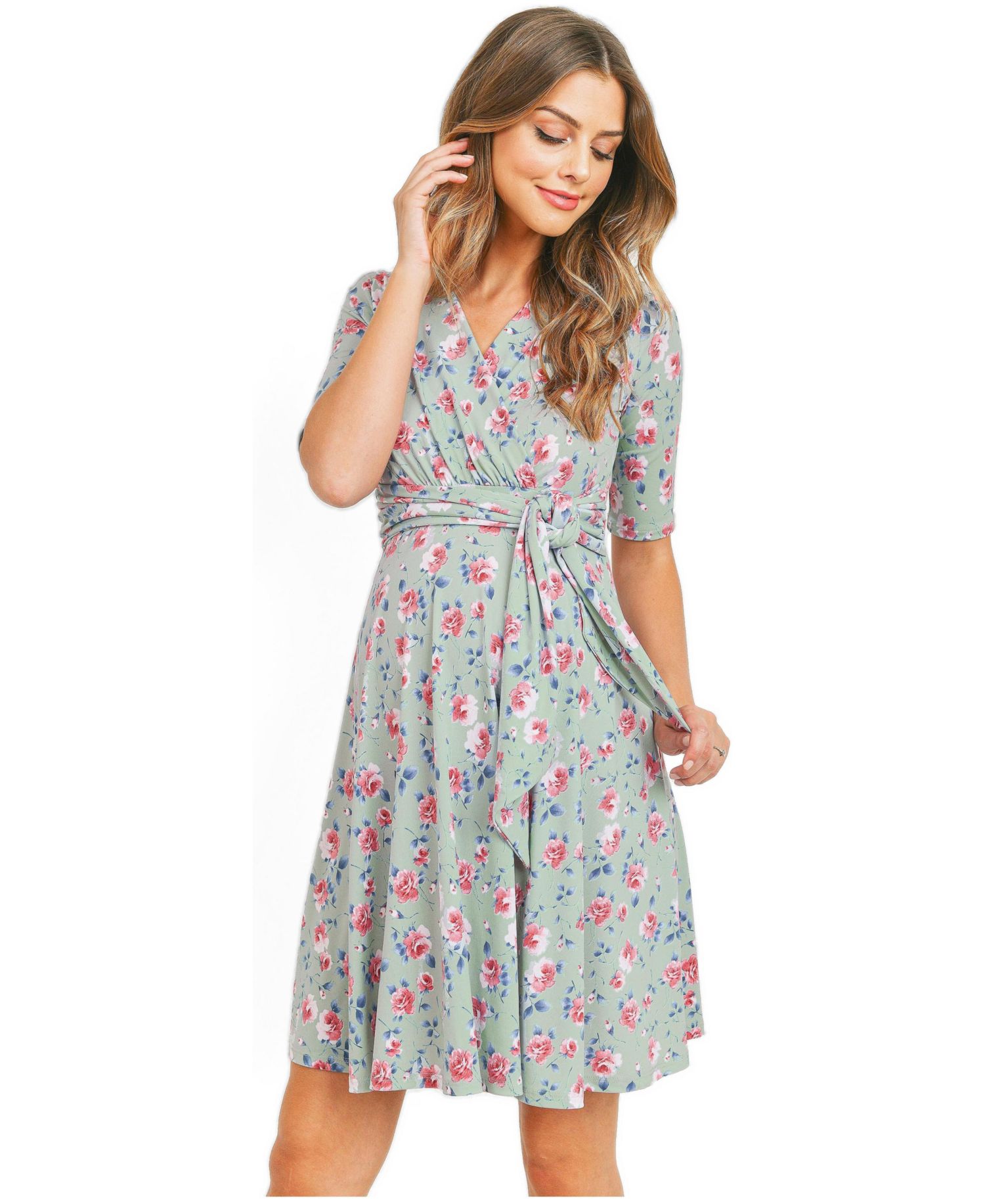 Women's Materntiy Floral V-Neck Nursing Wrap Dress with Tie Waist