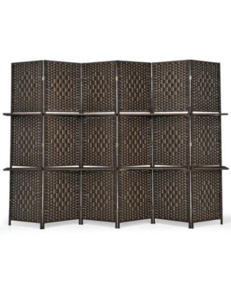 6-Panel Folding Fiber Room Divider with 2 Display Shelves for Indoor Use