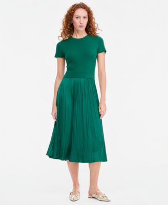 Women's Short-Sleeve Midi Mixed-Media A-Line Dress