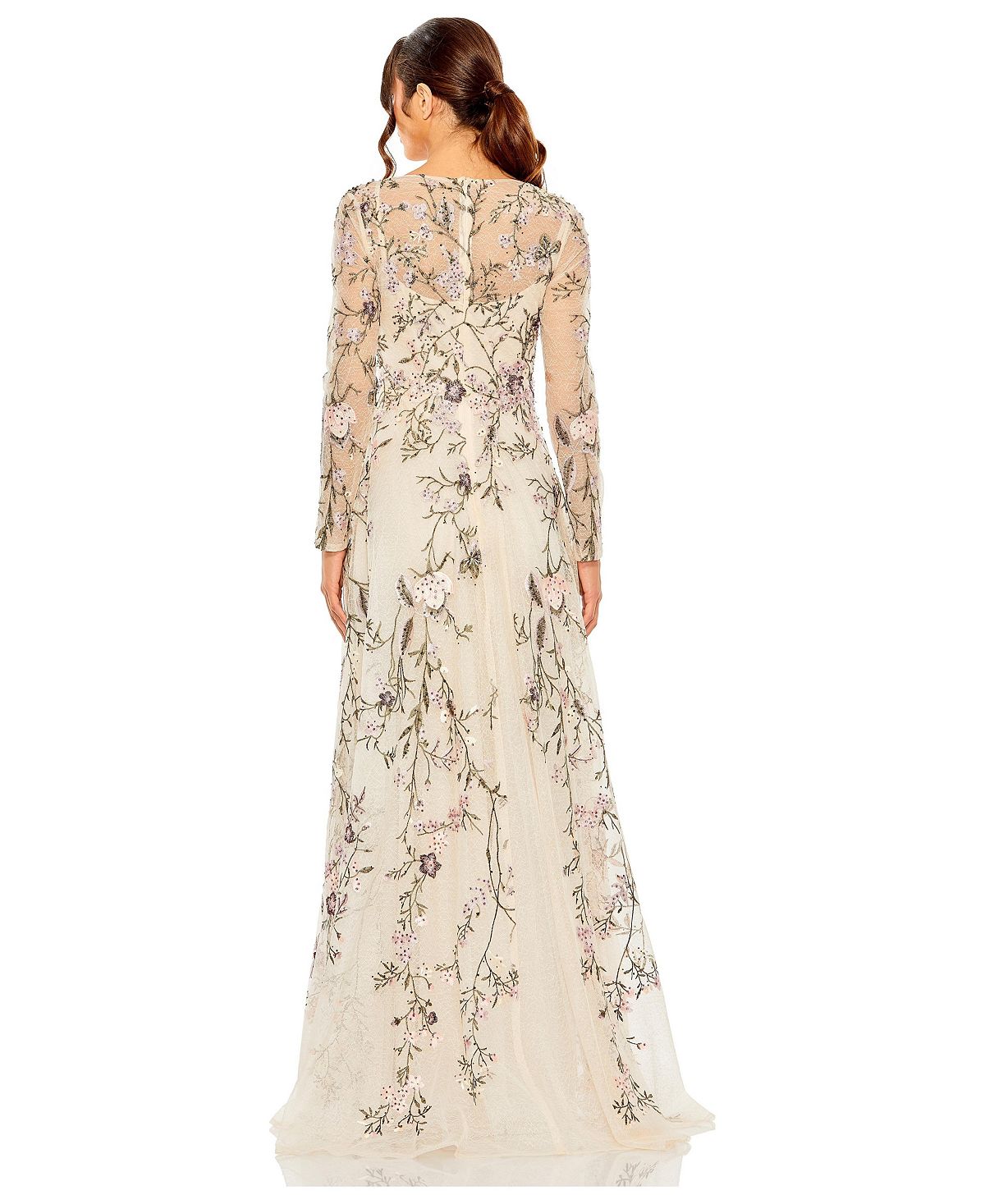 Mac Duggal Women's V Neck Long Sleeve Embroidered A Line Gown view 2 — MAYCSS fashion products