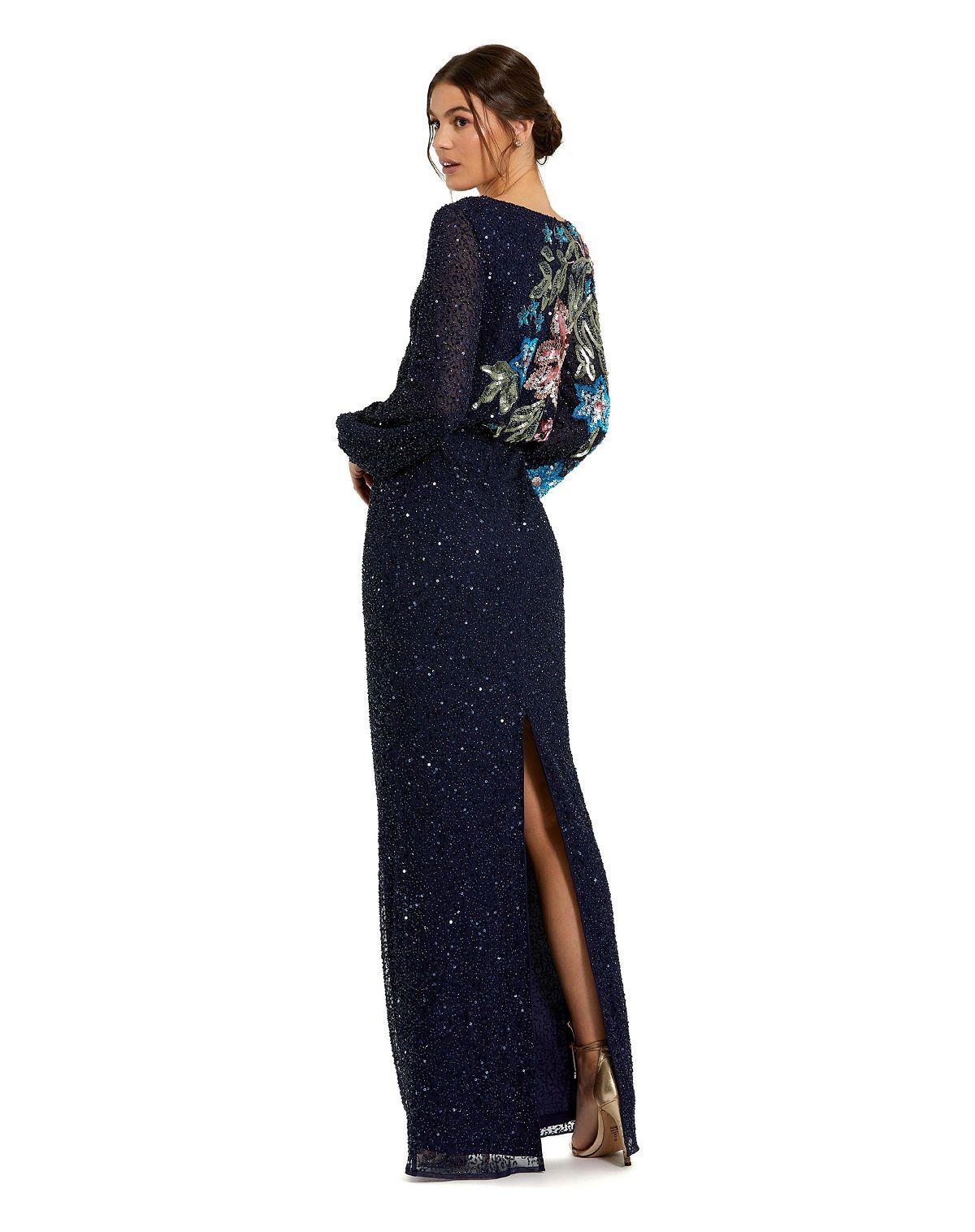 Mac Duggal Women's High Neck Blouson Sleeve Sequin Gown view 2 — MAYCSS fashion products