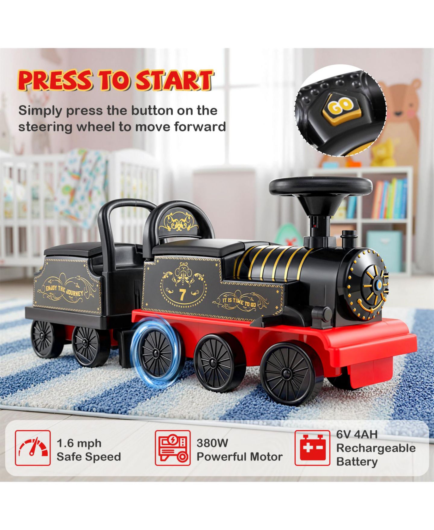 Детская игрушка Gymax Ride on Train 6V Battery Powered Ride on Toy with Under-Seat Storage and Carriage, цвет: Чёрный — фото 10