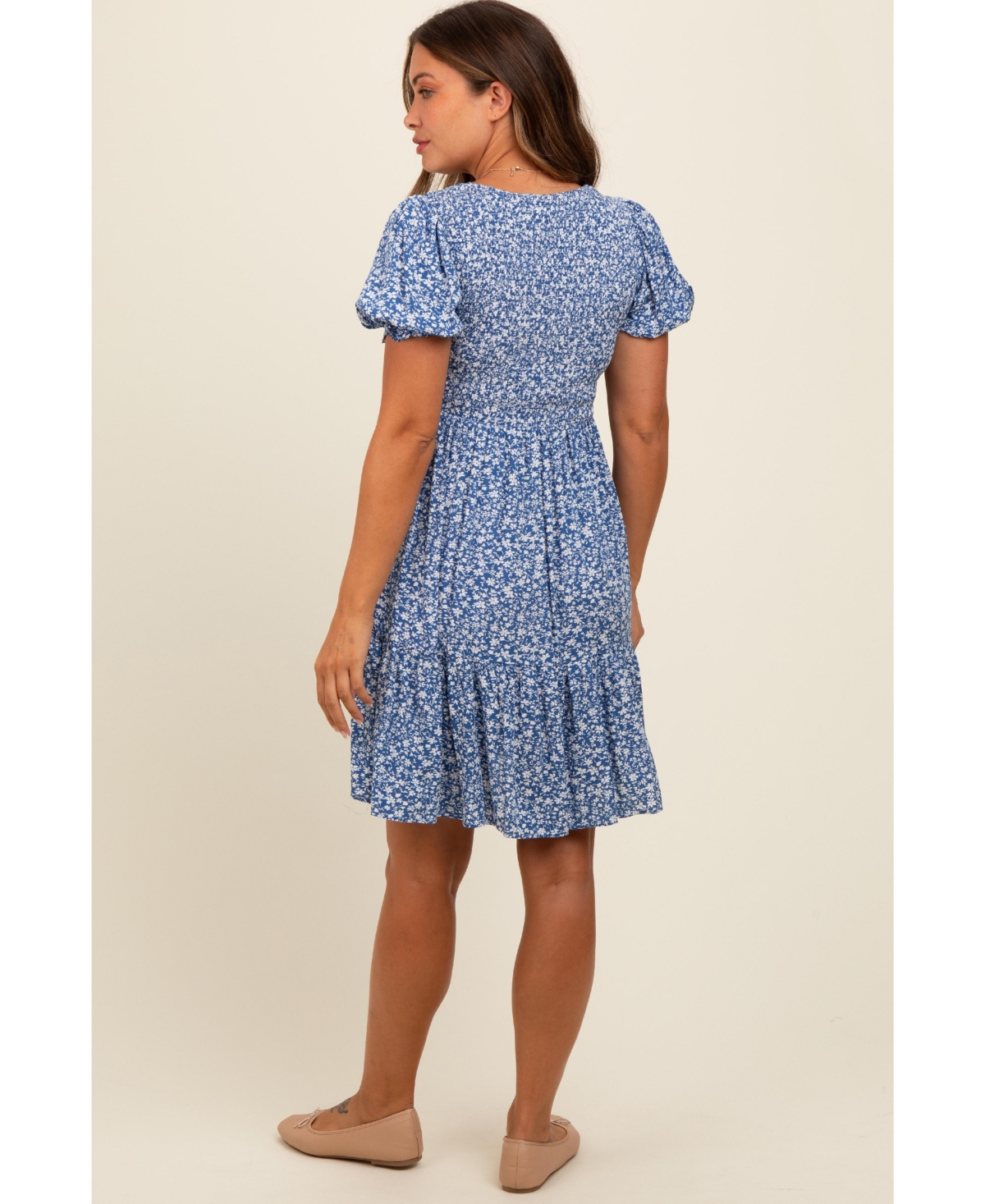 Pinkblush Maternity Blue Floral Puff Sleeve Smocked Dress