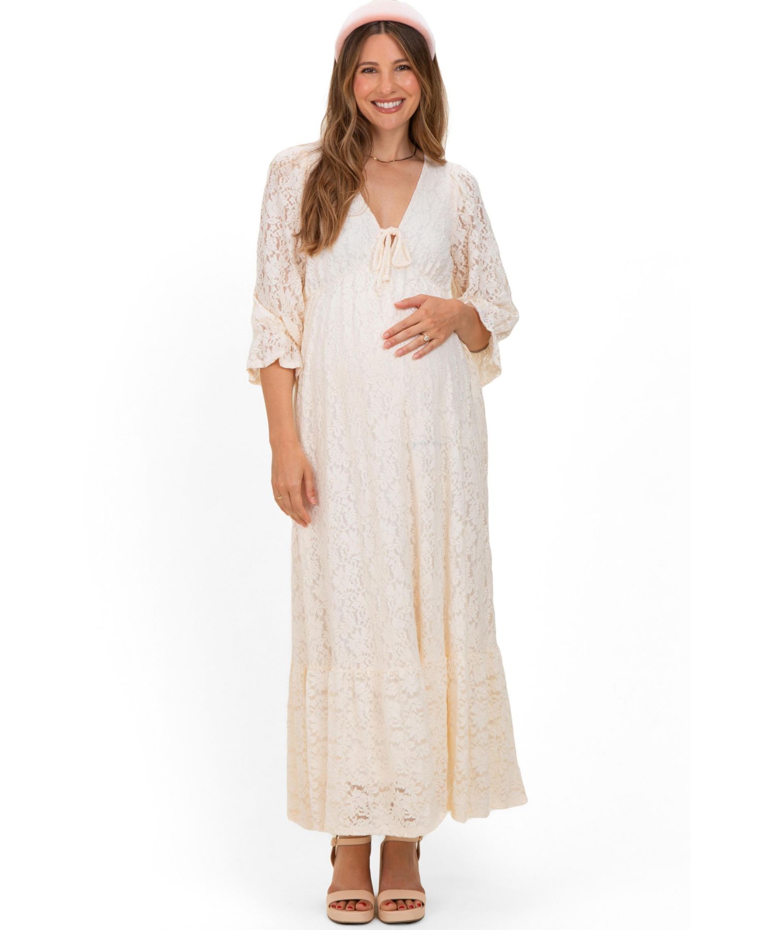Women's Ivory Floral Lace 3/4 Ruffle Sleeve V-Neck Maxi Dress