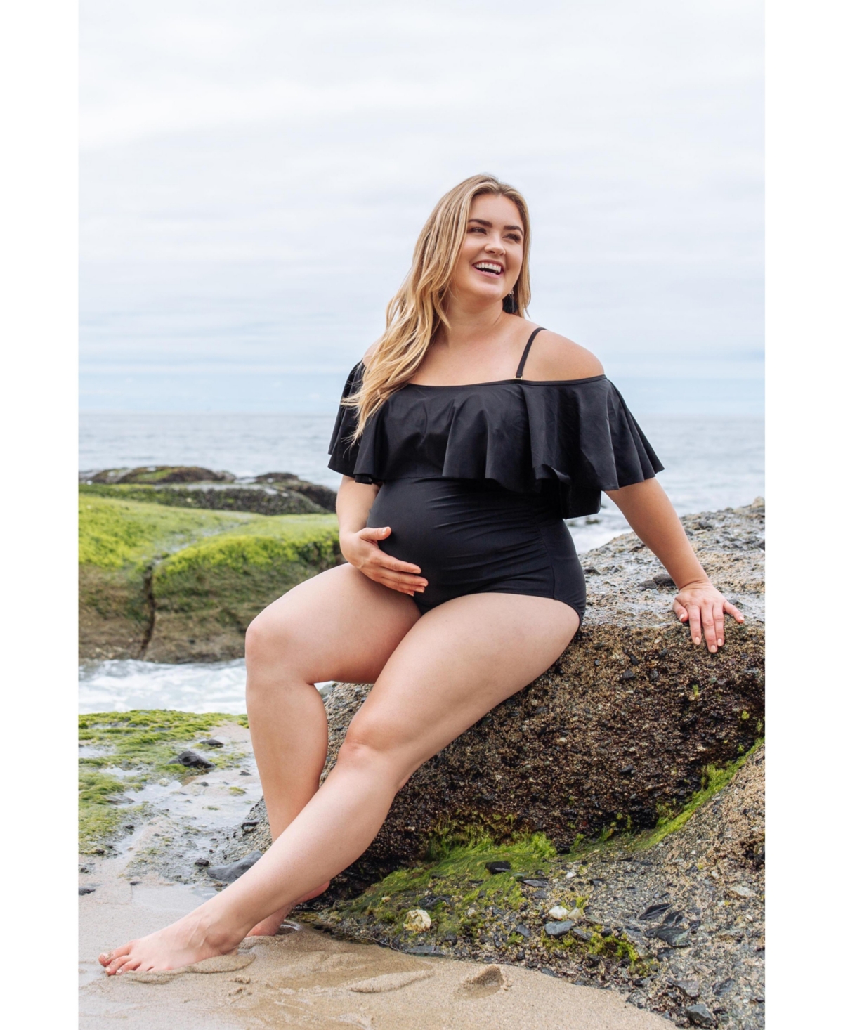PinkBlush Women's Ruffle Trim Ruched One-Piece Maternity Plus Swimsuit