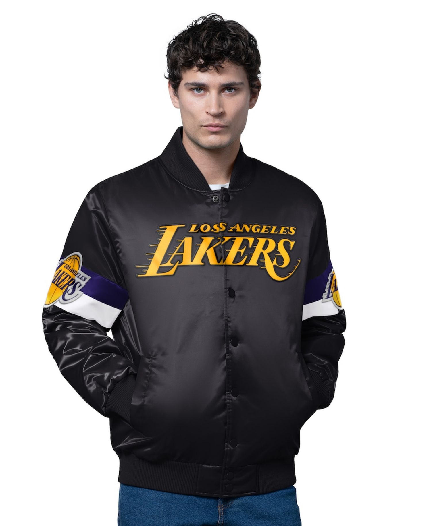 Men's Black Los Angeles Lakers Triple Option Varsity Full-Snap Satin Jacket