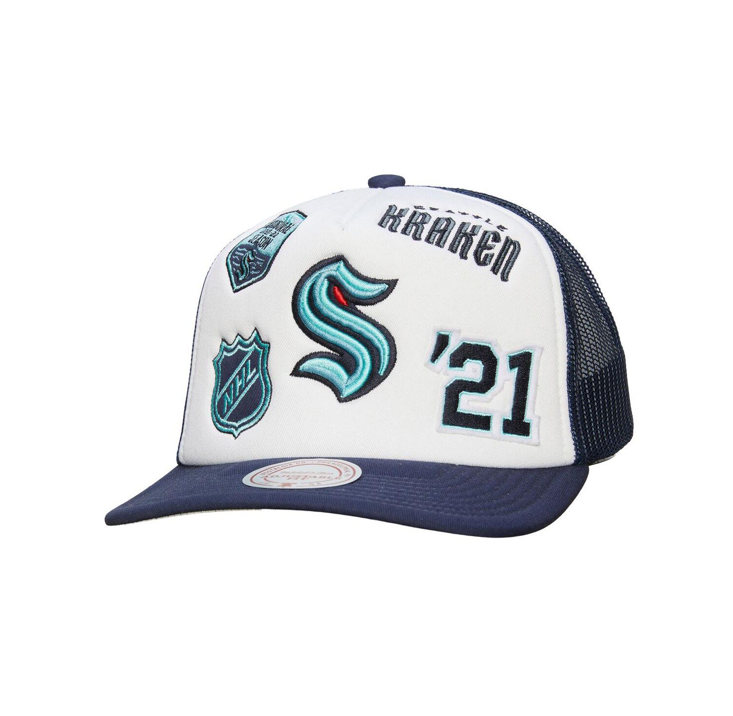 Men's White/Deep Sea Blue Seattle Kraken Gridlock Trucker Adjustable Hat