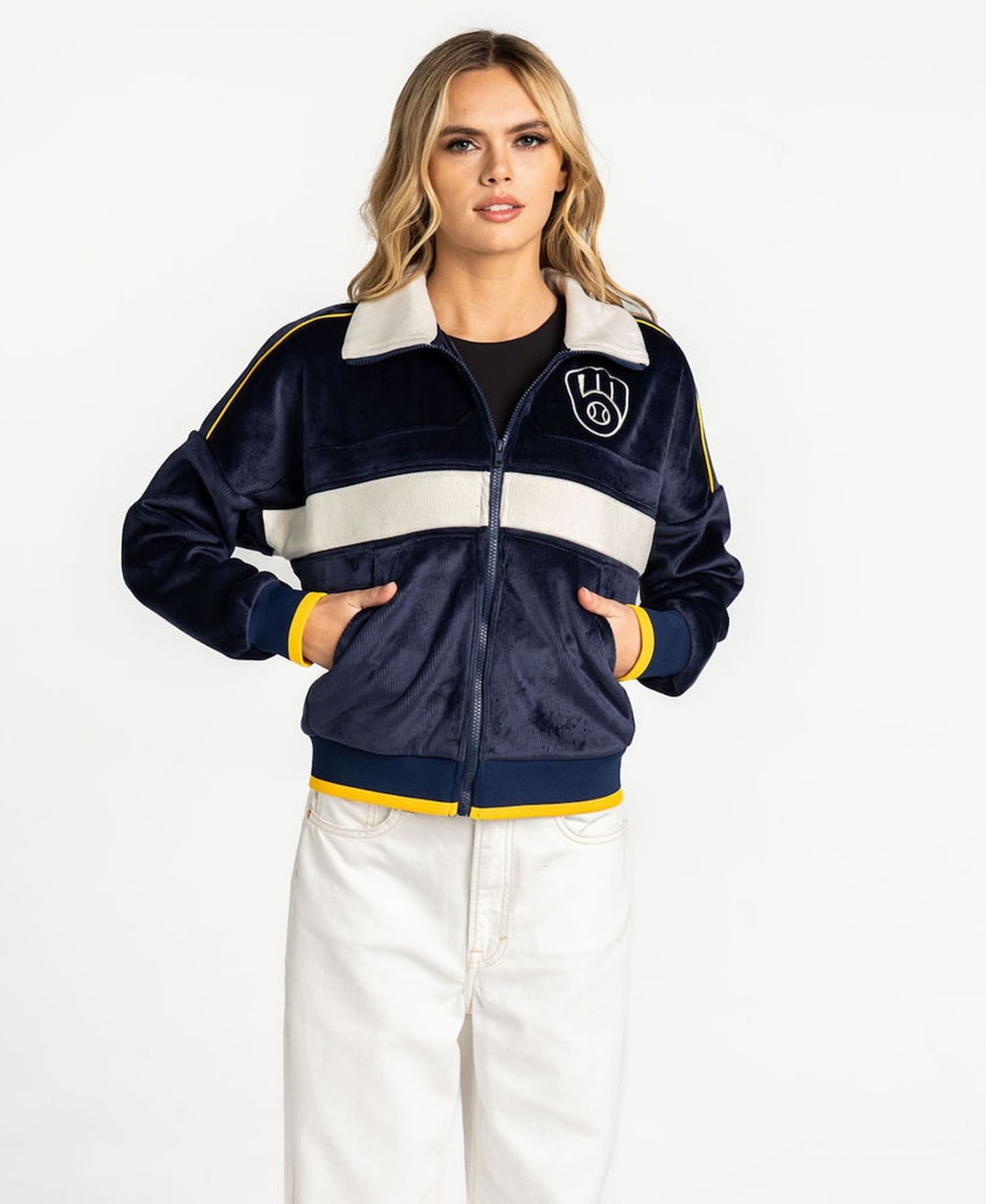 Women's Navy Milwaukee Brewers Velvet Cord Full-Zip Jacket