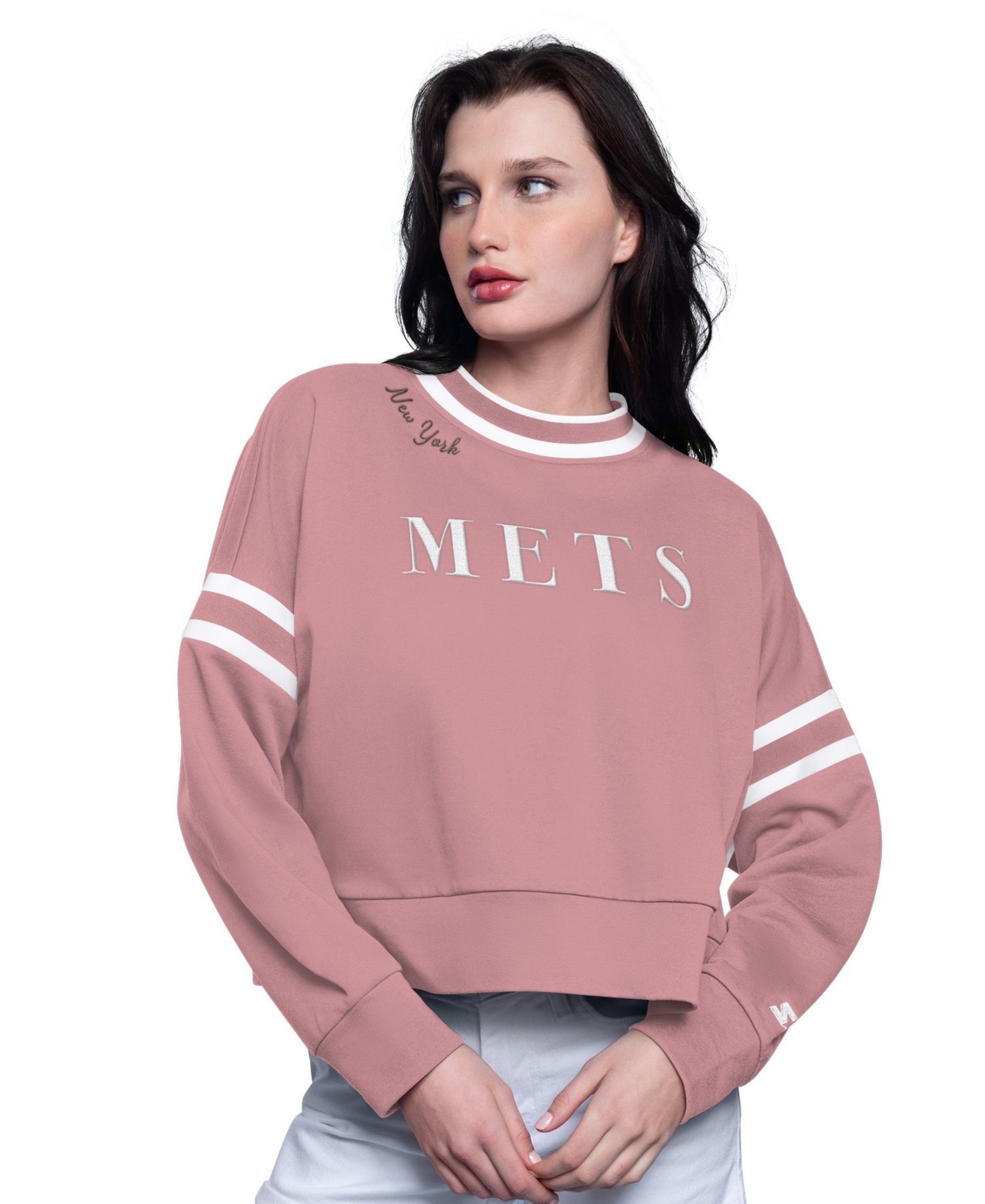 Women's Starter Pink New York Mets Power Play Cropped Pullover Sweatshirt