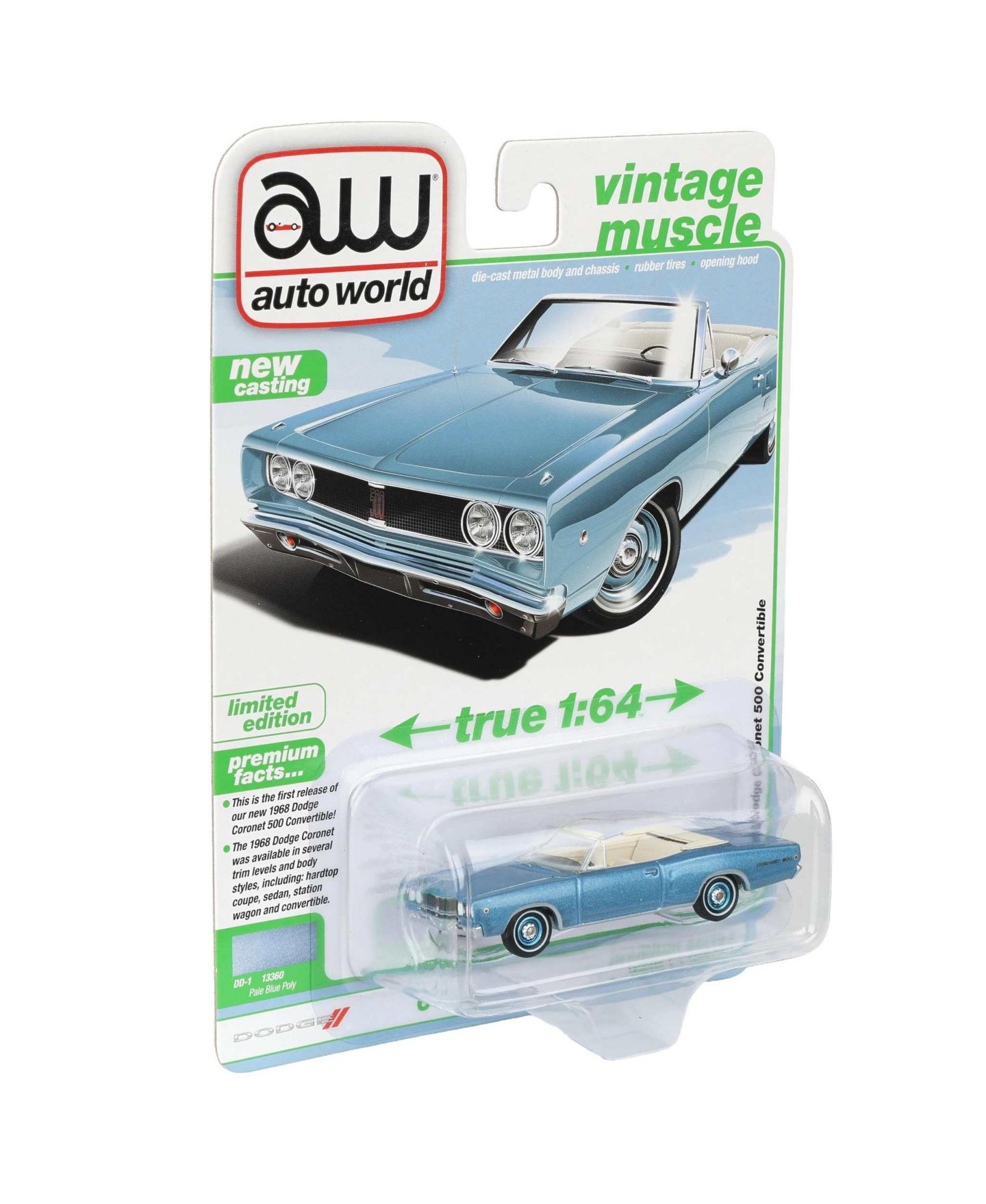 Детская игрушка Auto World 1:64 Scale Vintage Muscle Series 1968 Dodge Coronet 500 Convertible Diecast Collectible Car, цвет: Синий — фото 3