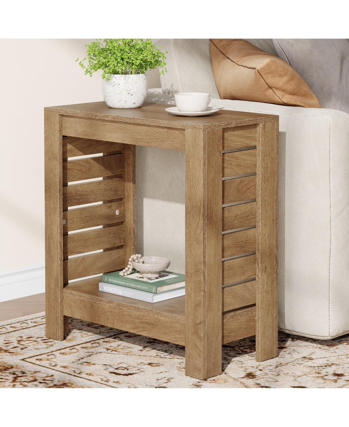 Slickblue 2-Tier Wooden Side Table with Storage Shelf for Living Room