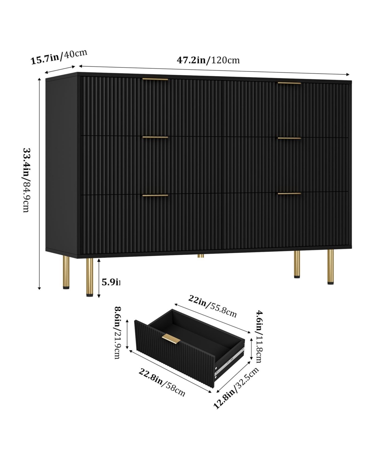 homfan Fluted Wood Dresser 6 Drawers for Bedroom, Large Modern Chest of Drawers, with Faux Marble Top and Handle