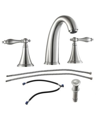 2 Handle Widespread Bathroom Faucet 3 Hole, with Pop Up Drain and 2 Water Supply Lines, Brushed Nickel