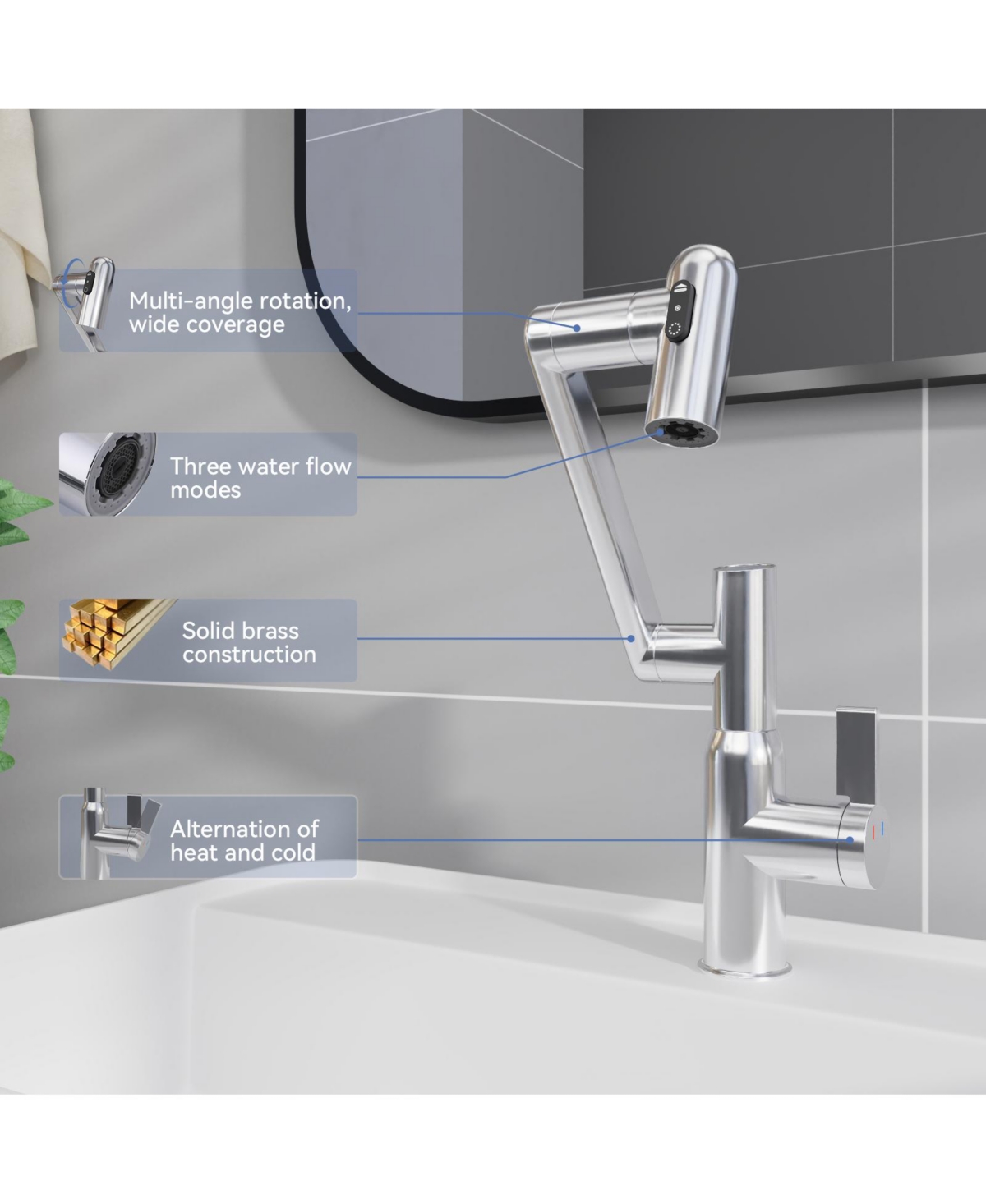 Phying Chrome Bathroom Sink Faucet with Spray Function and Temperature Display for Anti-Skid Switch and Hot and Cold and 360degree(s) Rotary