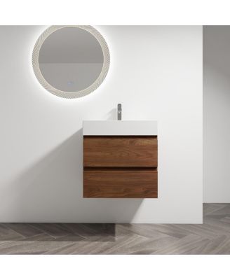 23.6 Inch Wall Mounted Bathroom Vanity with Resin Sink, Soft Close Drawers, Wood Grain Plywood for Modern Bathrooms