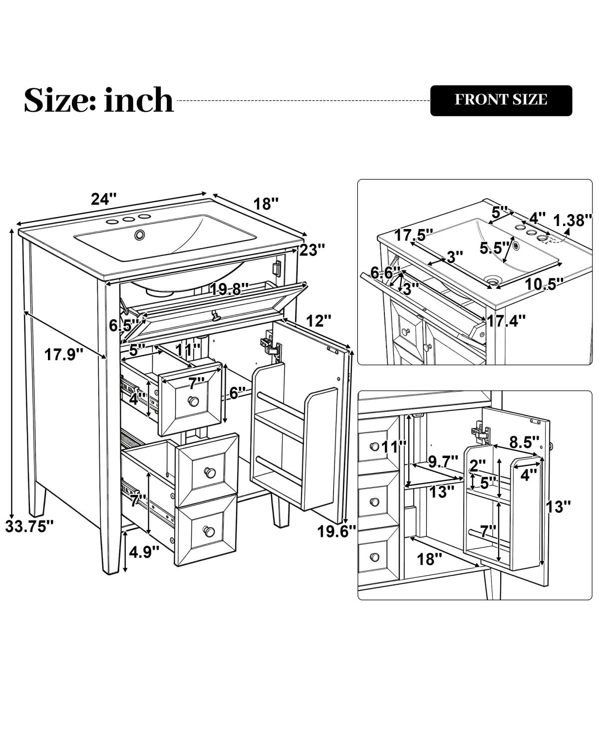Sillysis 24 Inch Bathroom Vanity with Ceramic Sink, Classic Modern Freestanding Cabinet, Soft Close Drawers for Small Bathrooms