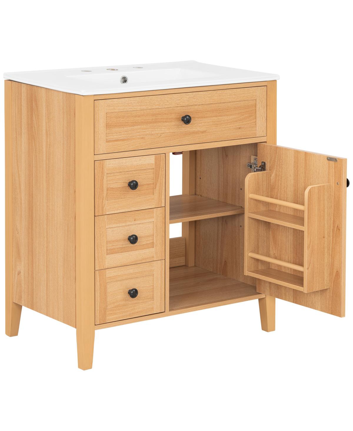 Sillysis 30 Inch Bathroom Vanity with Ceramic Sink, Rustic Wood Grain Cabinet, Soft Close Drawers, Adjustable Storage for Modern Bathrooms