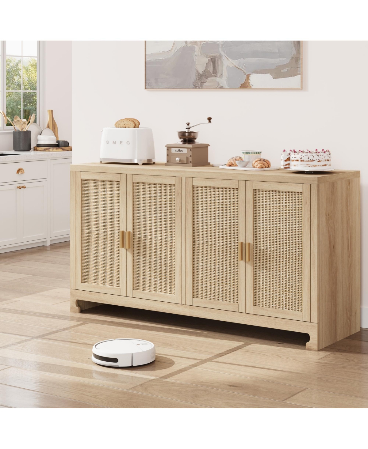 homfan Modern 4-Door Rattan Sideboard, Wooden Accent Buffet Cabinet with Ample Storage for Entryway, Living Room and Dining
