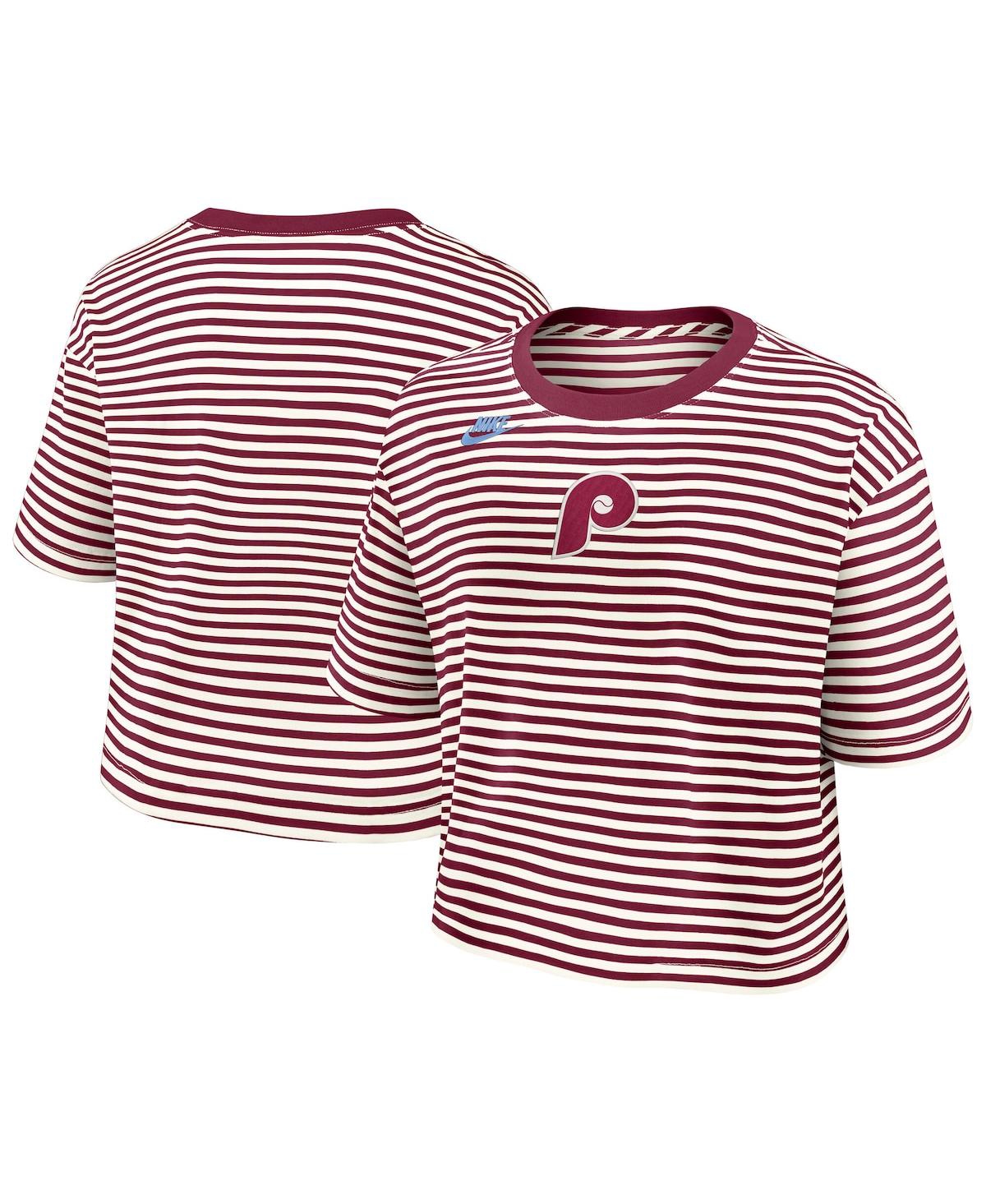 Nike Women's Burgundy/Cream Philadelphia Phillies Cooperstown Collection Striped Cropped T-Shirt