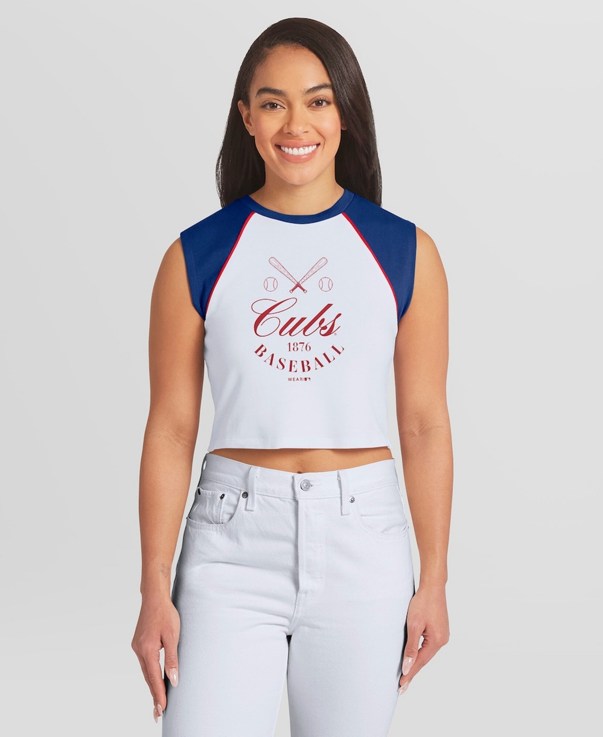 Wear by Erin Andrews Women's White Chicago Cubs Cooperstown Cropped Raglan Tank Top