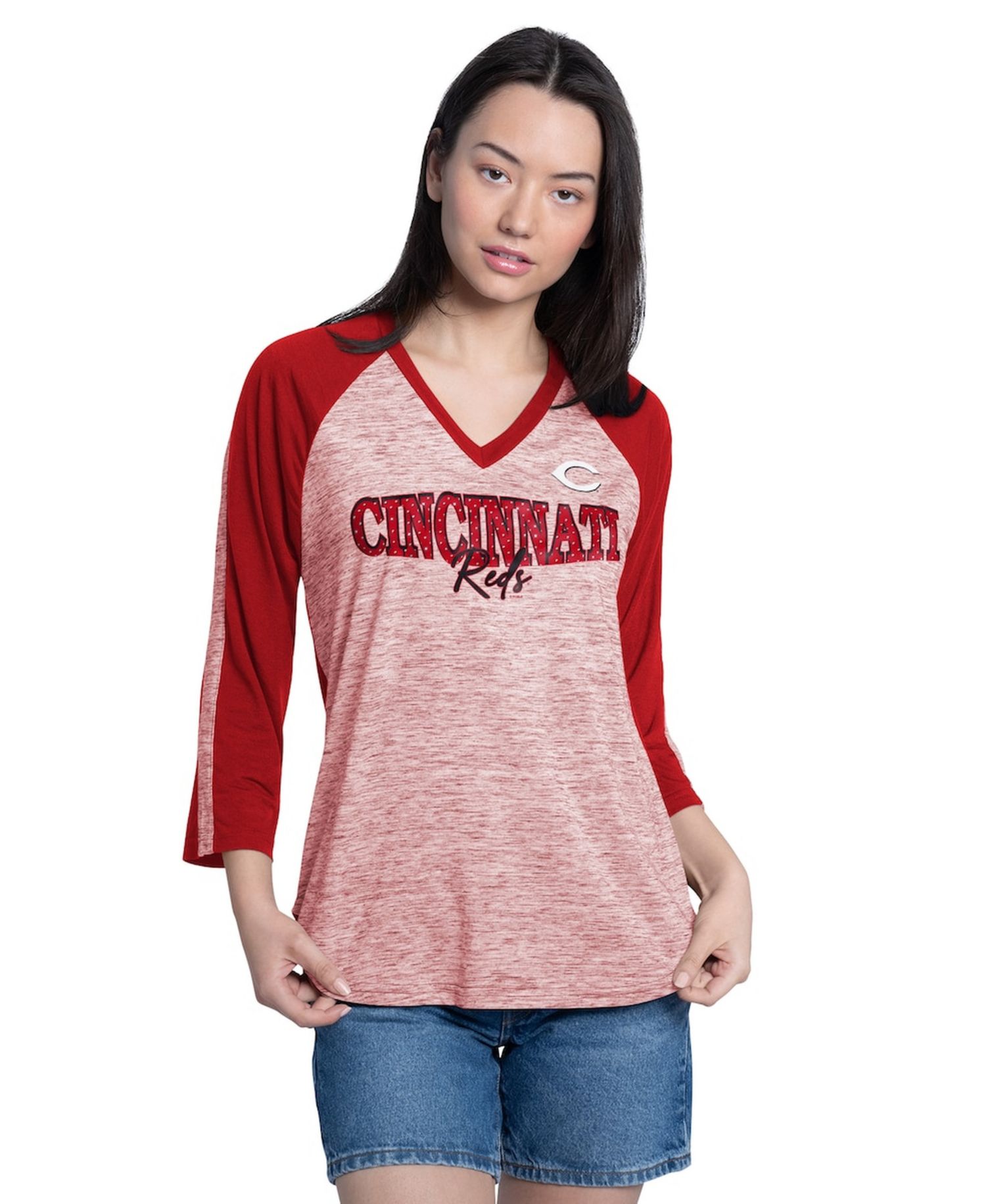 Women's Red/Heather Red Cincinnati Reds Speed Training 3/4-Sleeve Rhinestone V-Neck T-Shirt