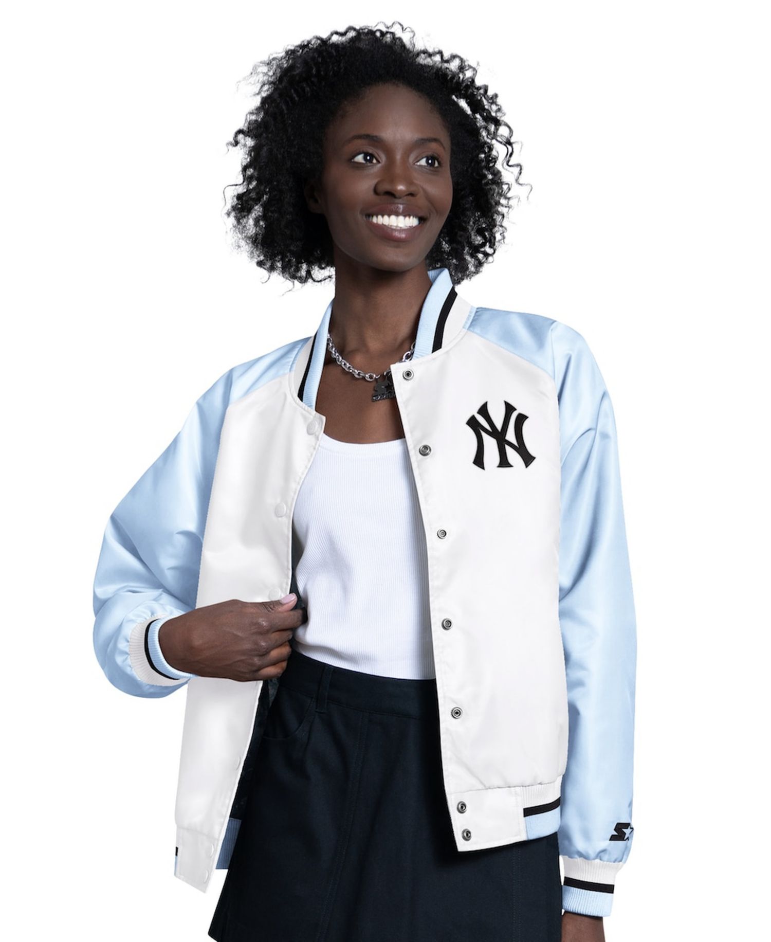 Women's Light Blue/White New York Yankees Blitz Varsity Raglan Full-Snap Satin Jacket