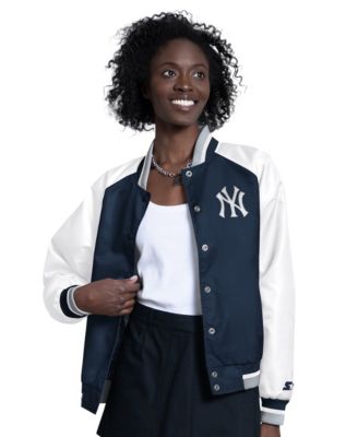 Women's White/Navy New York Yankees Blitz Varsity Raglan Full-Snap Satin Jacket