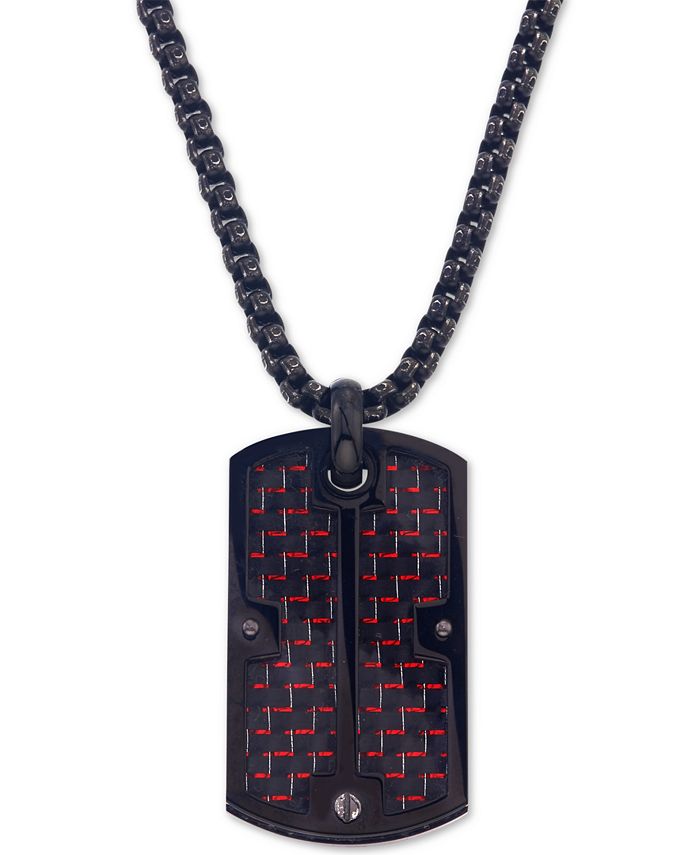 Esquire Men's Jewelry - Red Carbon Fiber Dog Tag Pendant Necklace in Black Ion-Plated Steel