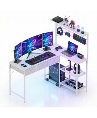 50.4" L Shaped Computer Desk with Power Outlets and LED Lights, Reversible Home Office Desk with 3-Tier Storage Shelves and Drawer