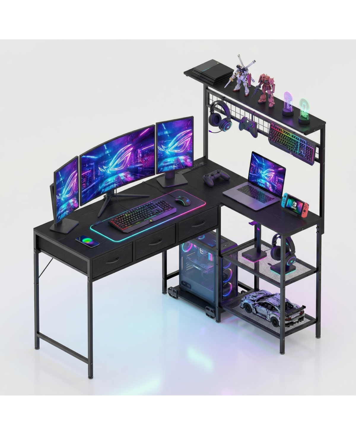 gaomon 50.4" L Shaped Computer Desk with Power Outlets and Led Lights, Reversible Home Office 3-Tier Storage Shelves Drawer