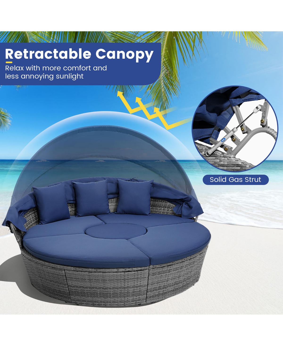 Gymax Outdoor Round Daybed with Retractable Canopy and Side Table Backyard Poolside Lawn