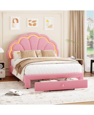Upholstered LED Bed Frame with Storage Drawer and Adjustable Chic Headboard, Berber Fleece Princess Platform Bed for Kids, No Box Spring